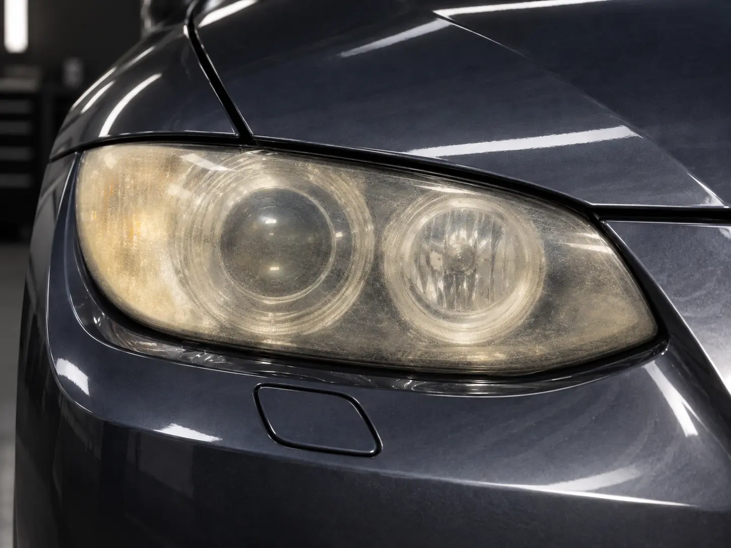 Illustration of a cloudy oxidized BMW headlight lens