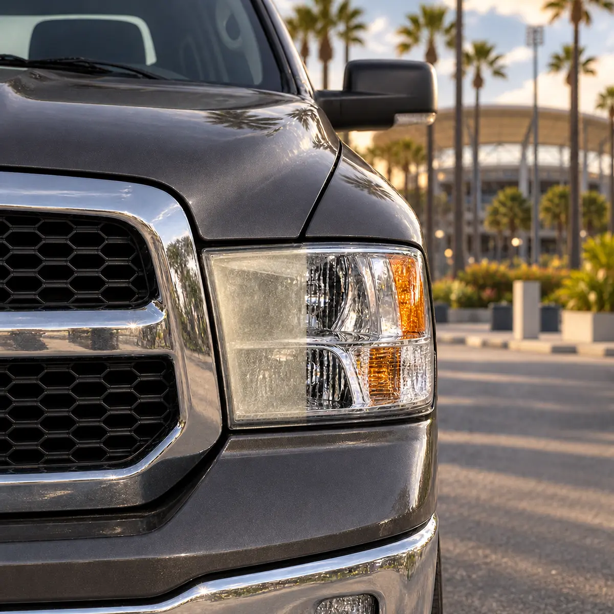 One Ram pickup headlight shown before and after restoration with Dignity Health Sports Park in Carson behind it