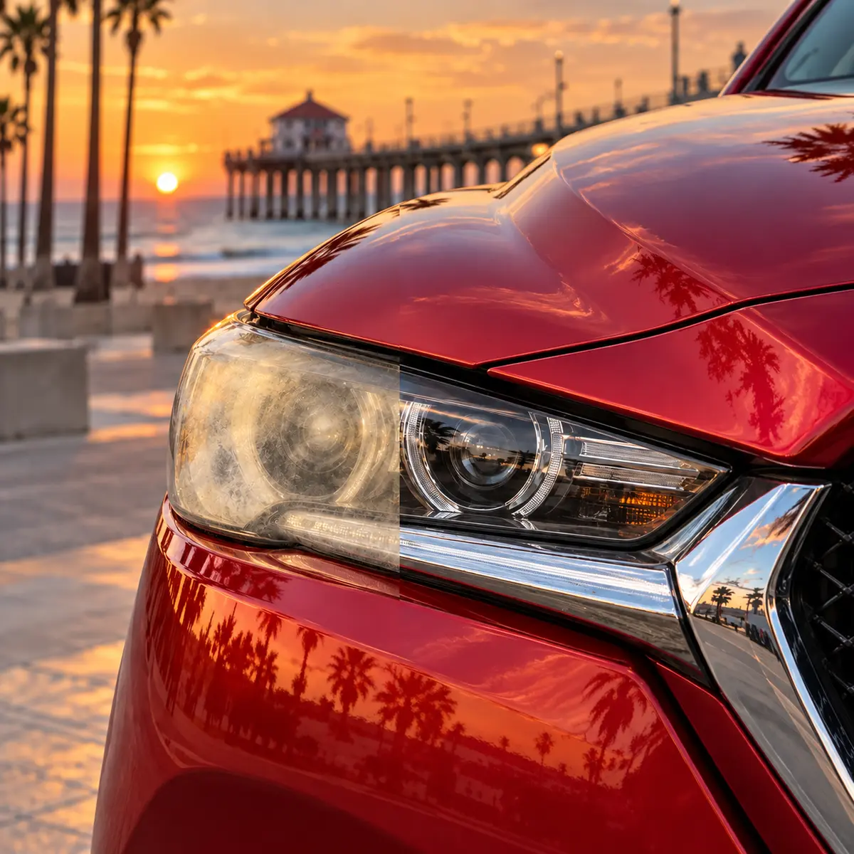 One Mazda CX-5 headlight shown before and after restoration with Hermosa Beach Pier behind it