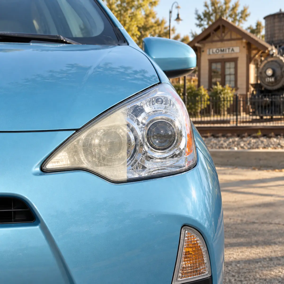 One Toyota Prius headlight shown before and after restoration with the Lomita Railroad Museum behind it