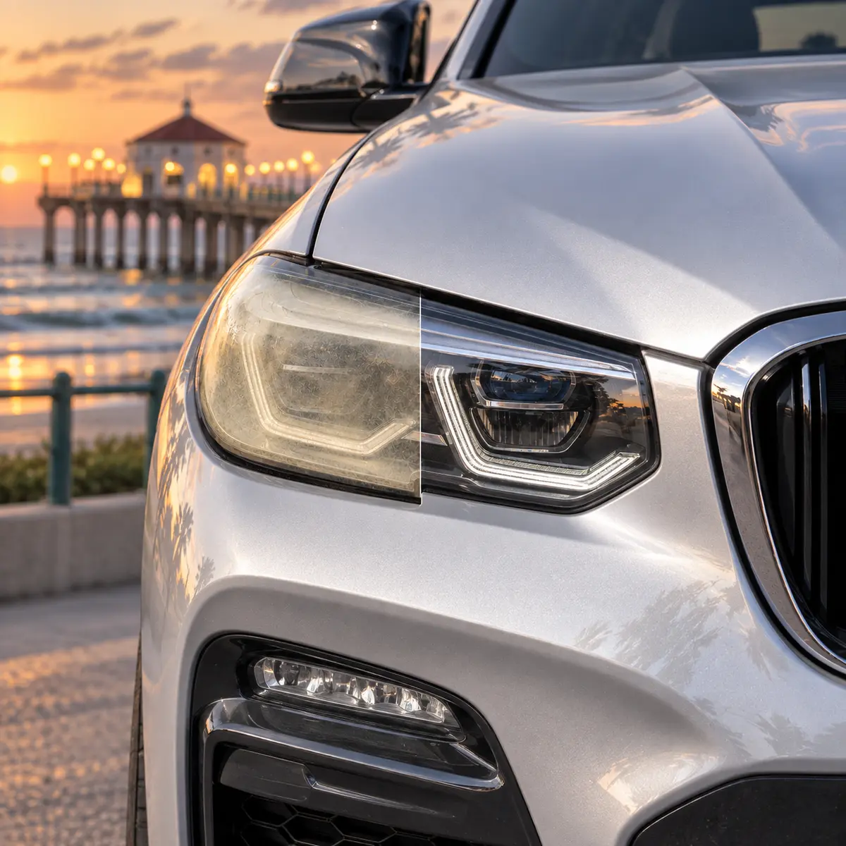 One BMW X3 headlight shown before and after restoration with Manhattan Beach Pier and the Roundhouse behind it