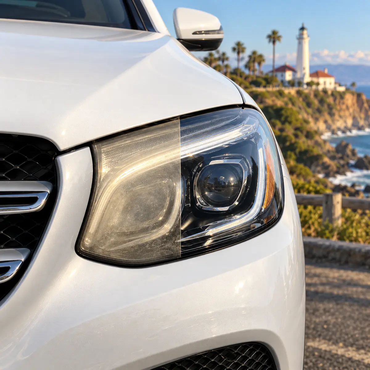 One Mercedes-Benz GLC 300 headlight shown before and after restoration with Point Vicente Lighthouse in Rancho Palos Verdes behind it