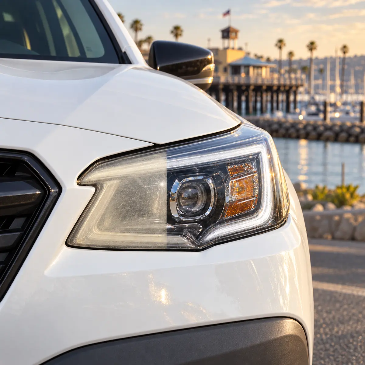One Subaru Outback headlight shown before and after restoration with Redondo Beach Pier and King Harbor behind it