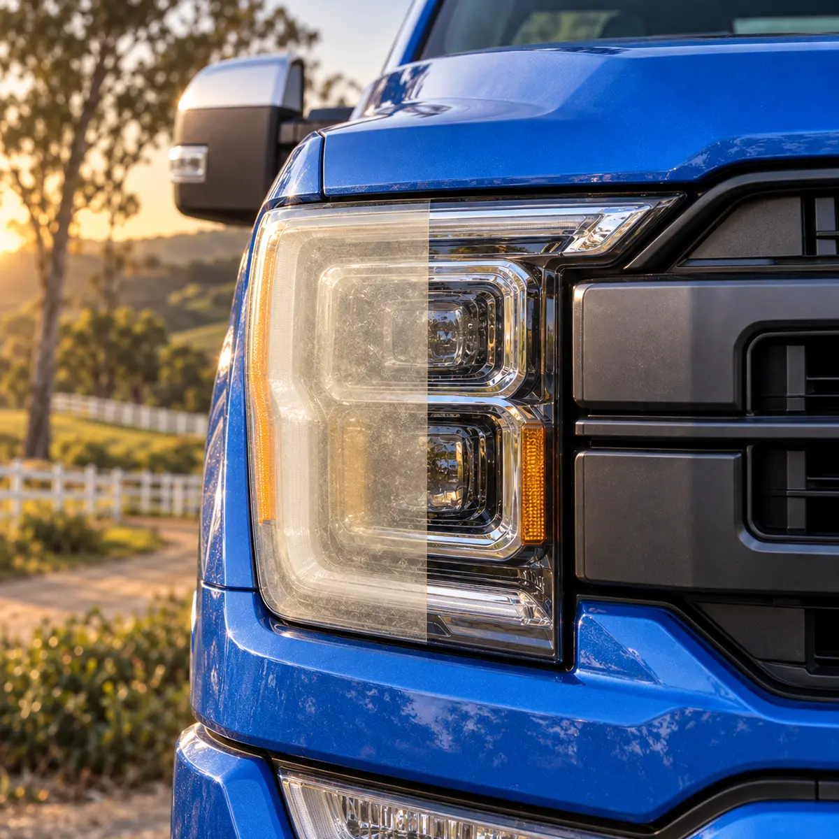 One Ford F-150 headlight shown before and after restoration against the equestrian landscape of Rolling Hills