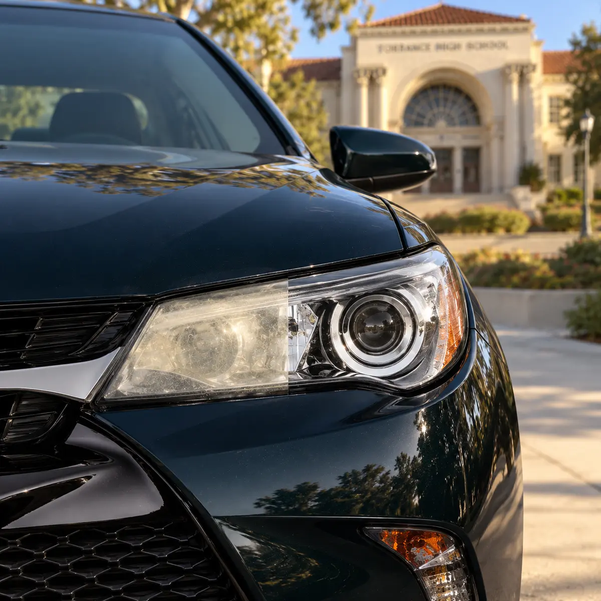One Toyota Camry headlight shown before and after restoration with Torrance High School in the background