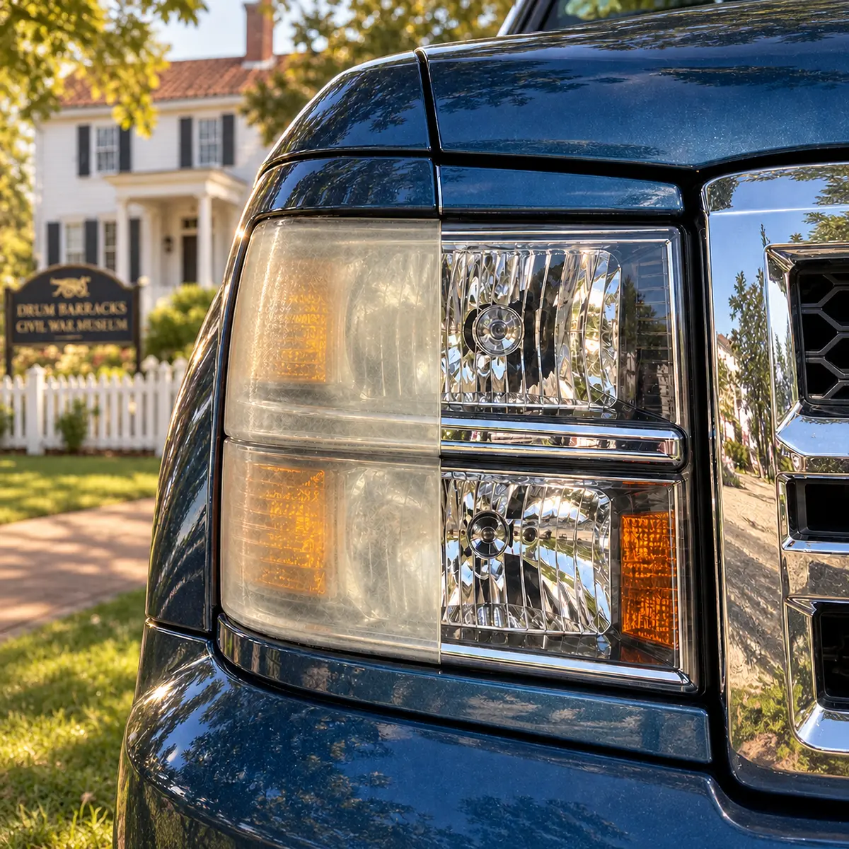 One Chevrolet Silverado headlight shown before and after restoration with the Drum Barracks in Wilmington behind it