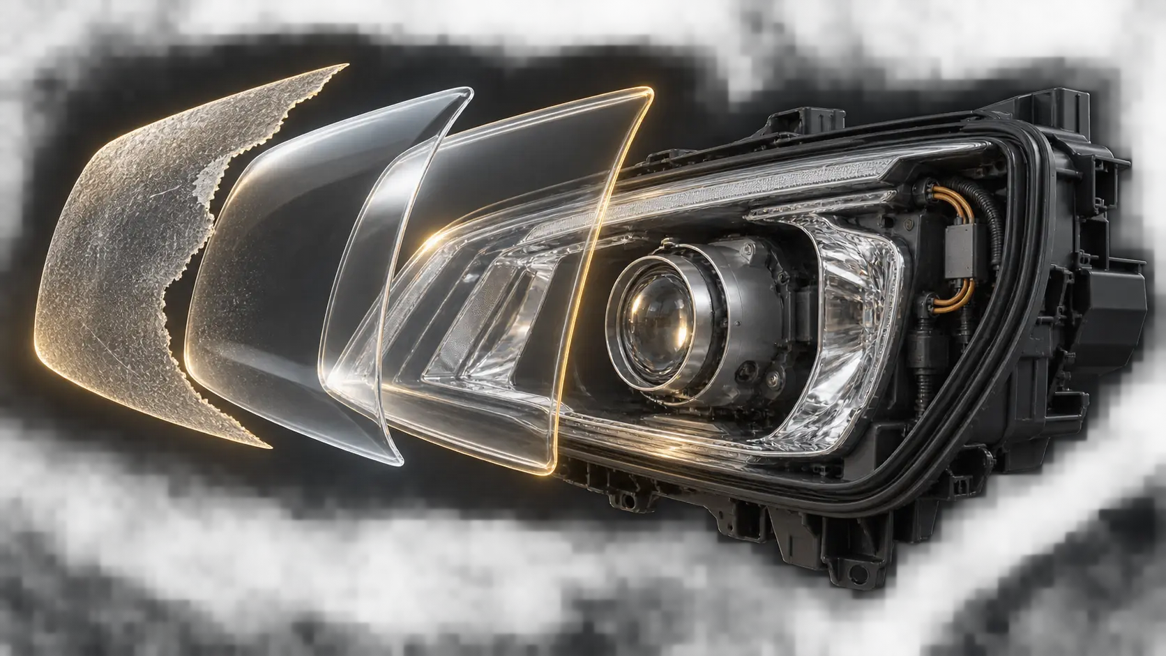 Exploded technical cutaway of a headlight showing the exterior surface layers and the unchanged components behind the lens
