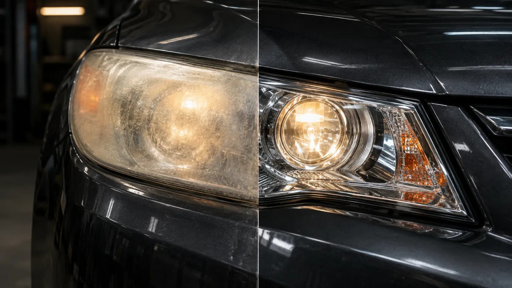 Dark vehicle headlight before and after restoration