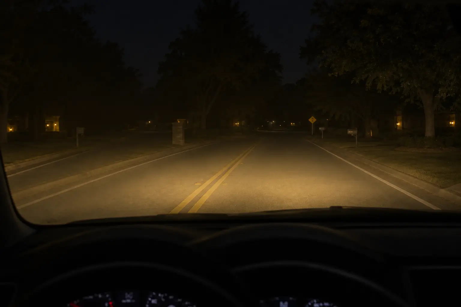 Driver's view of the road through oxidized headlights with dim, scattered light