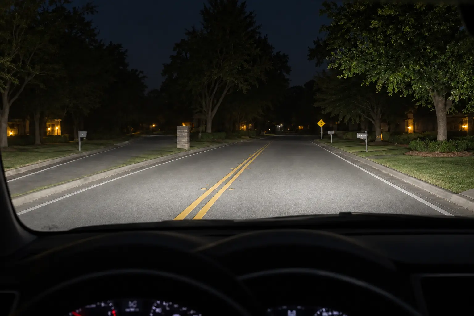 Driver's view of the road with clearer, more usable light after headlight restoration