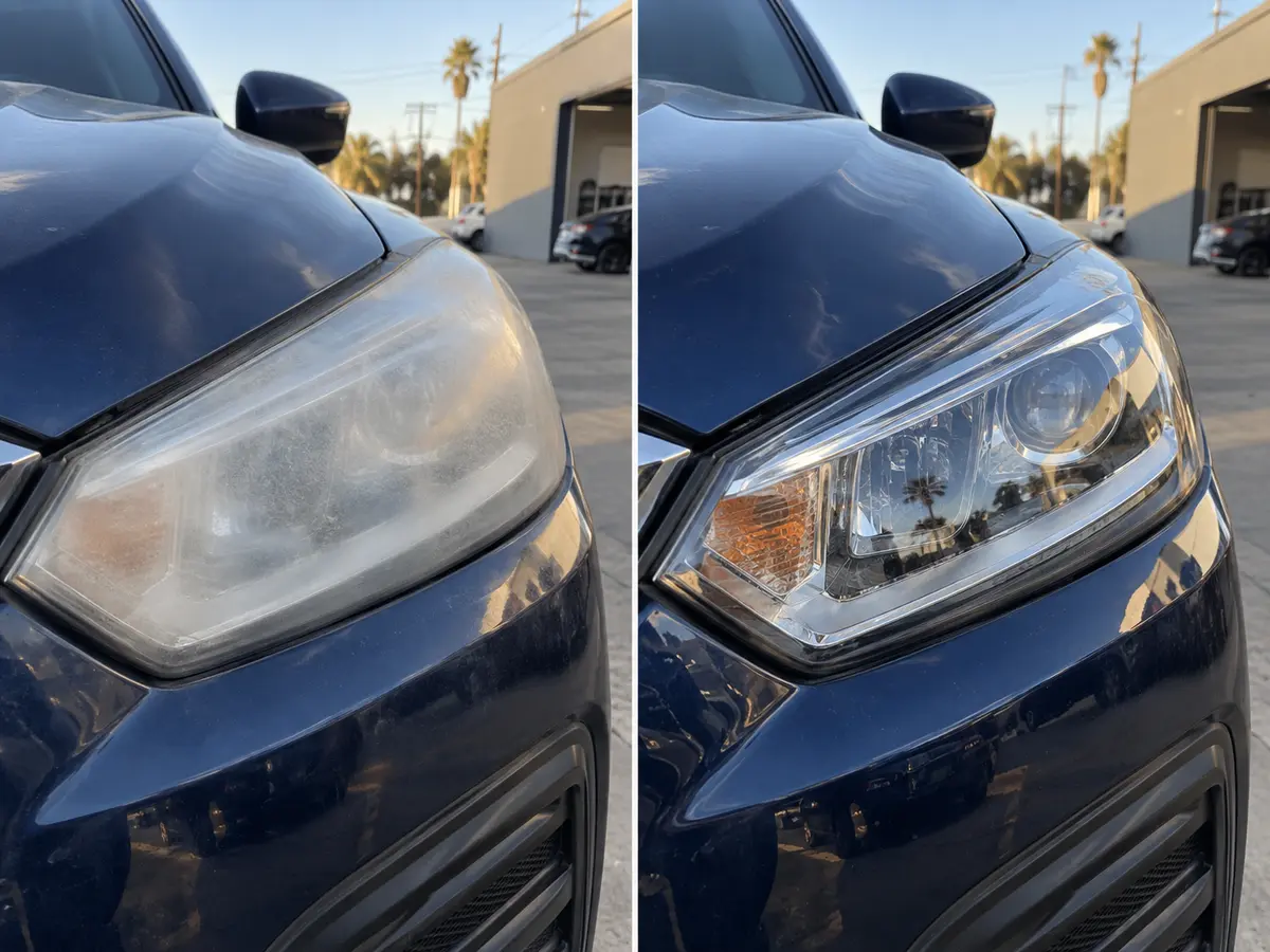 Dark blue SUV headlight shown hazy before restoration and clear afterward
