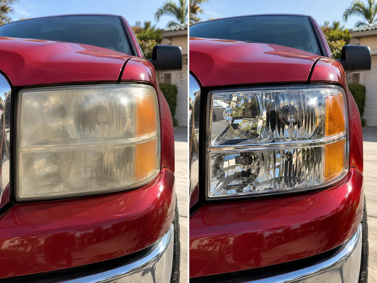 Red pickup headlight shown oxidized before restoration and clear afterward