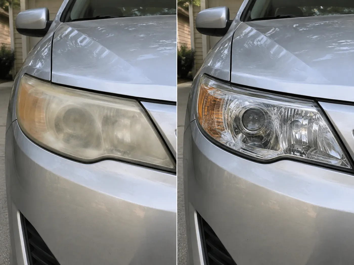 Silver sedan headlight before and after restoration