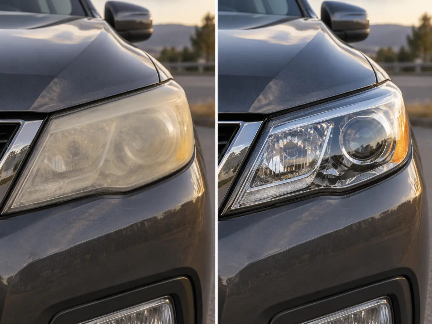 Dark SUV headlight before and after restoration