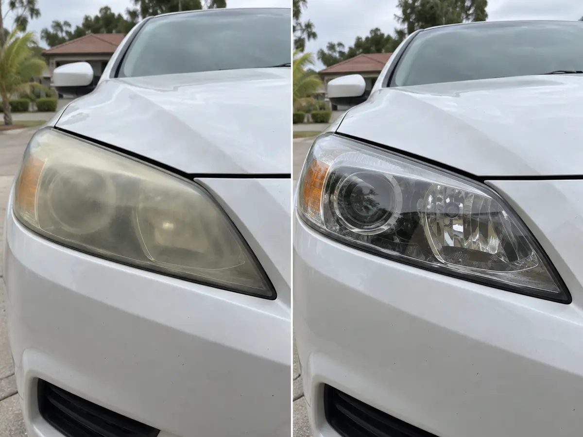 White sedan headlight shown cloudy before restoration and clear afterward